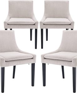 Modern Dining Chairs Set of 4, Upholstered Corduroy Accent Side Leisure Chairs with Mid Back and Wood Legs for Living Room/Dining Room-Beige